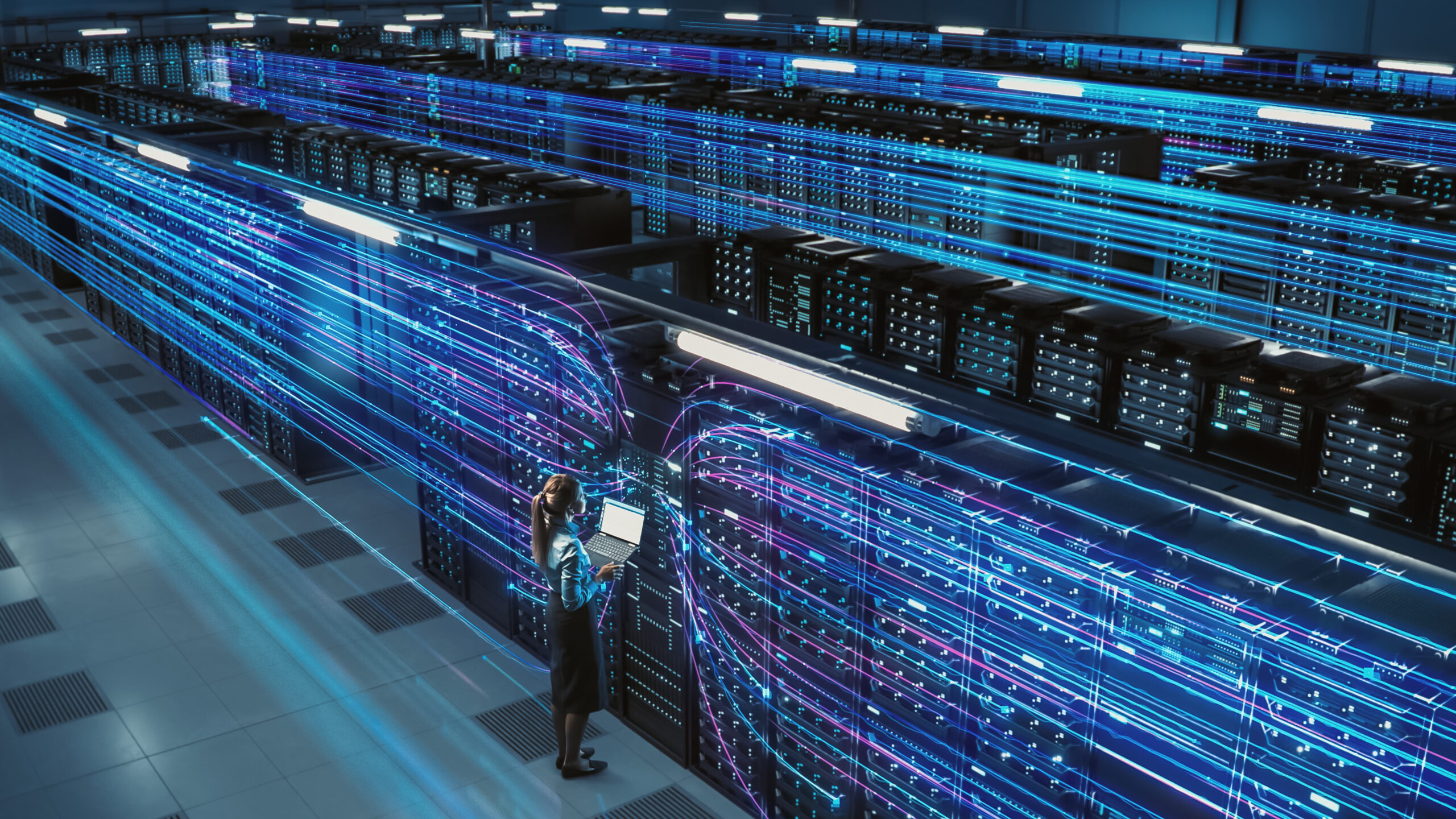 3D Graphics Concept: Big Data Center Female Chief Technology Officer Using Laptop Standing In Warehouse, Activates Servers, Information Digitalization Starts. SAAS, Cloud Computing, Online Service